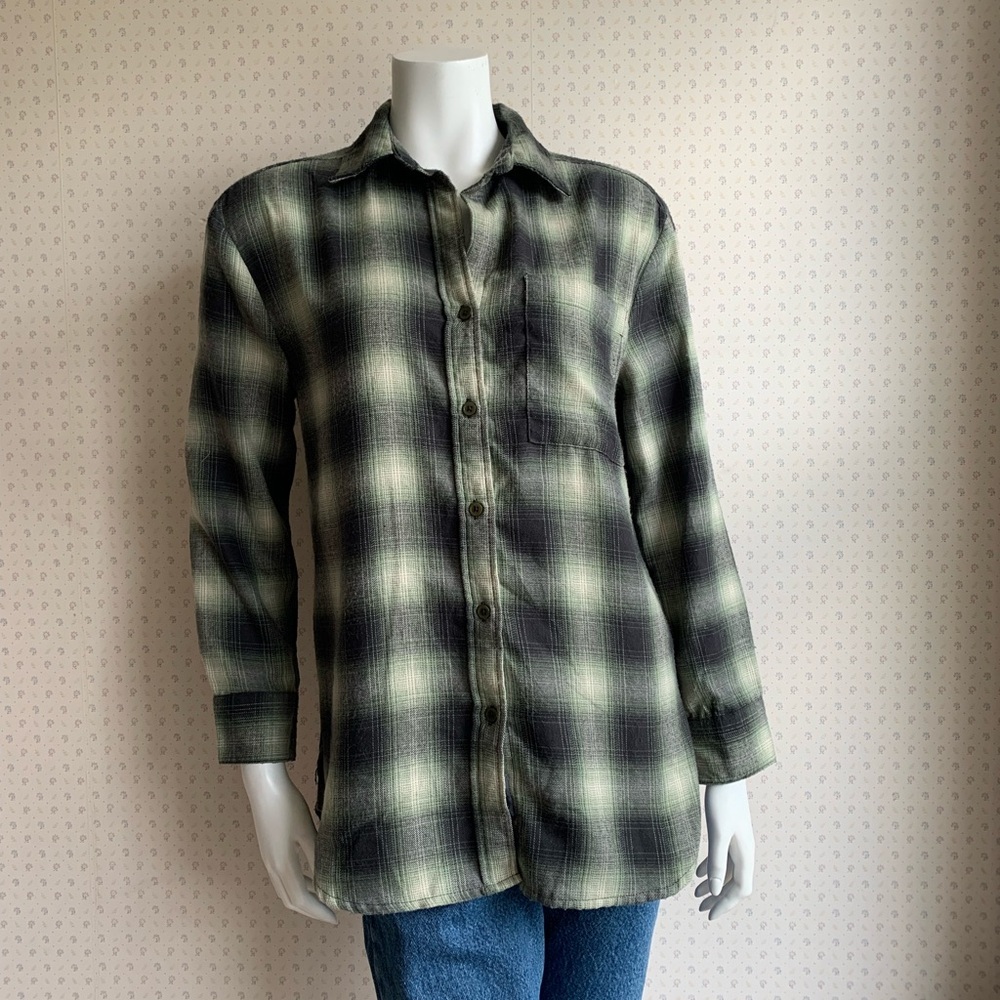 Lola River Green Plaid Button Down Tunic Top sz XS PW15